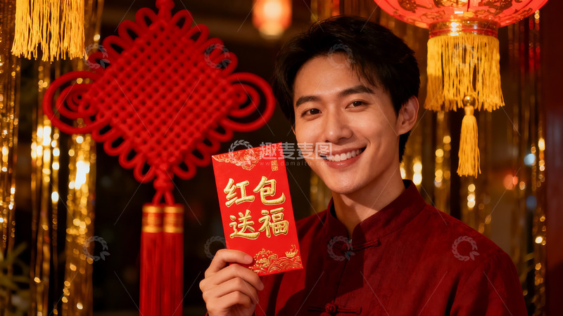 高清大图下载【趣麦麦图】男子手持红包庆祝节日