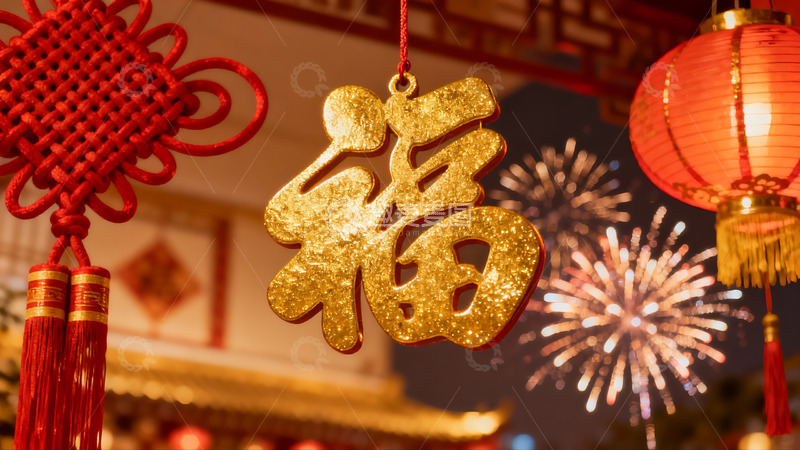 高清大图下载【趣麦麦图】春节夜景烟花灯笼福字