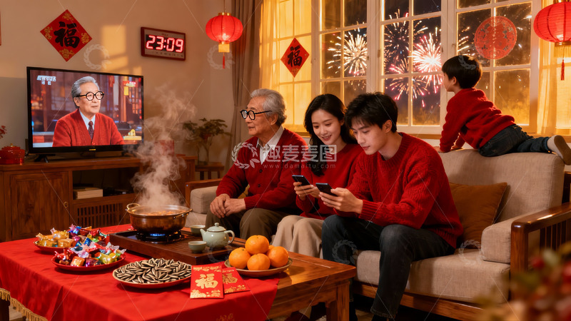 高清大图下载【趣麦麦图】春节家庭团聚观看春晚