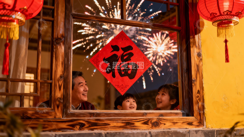 高清大图下载【趣麦麦图】窗前一家三口看烟花