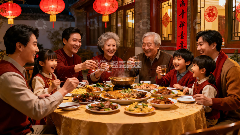 高清大图下载【趣麦麦图】家庭聚餐欢庆团圆时刻
