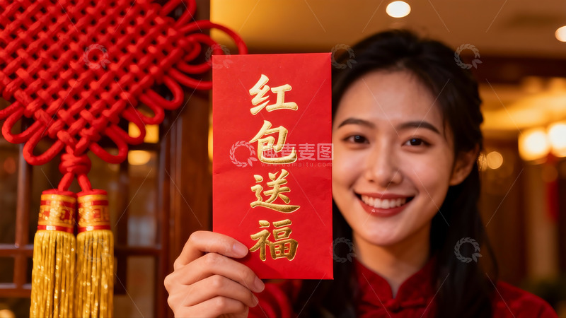 高清大图下载【趣麦麦图】女子手持红包喜庆迎新春