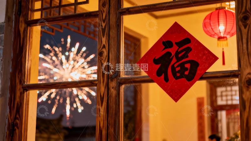 高清大图下载【趣麦麦图】窗前烟花与福字灯笼夜景