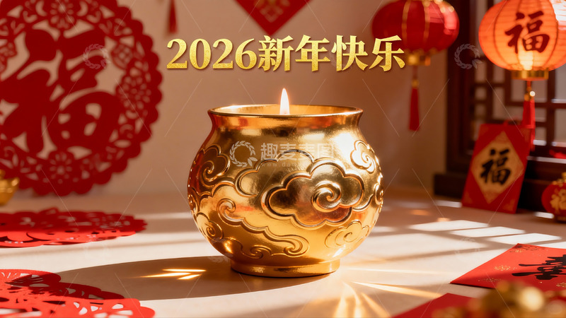 高清大图下载【趣麦麦图】新年金色烛台与红色装饰