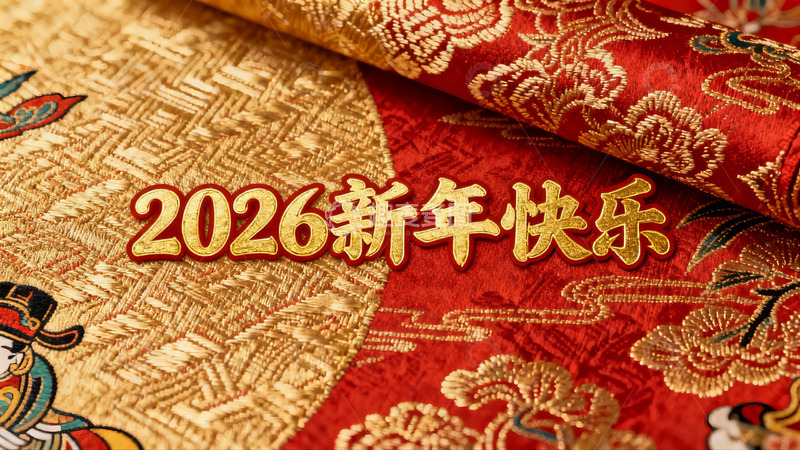 高清大图下载【趣麦麦图】新年快乐红色金色织锦布