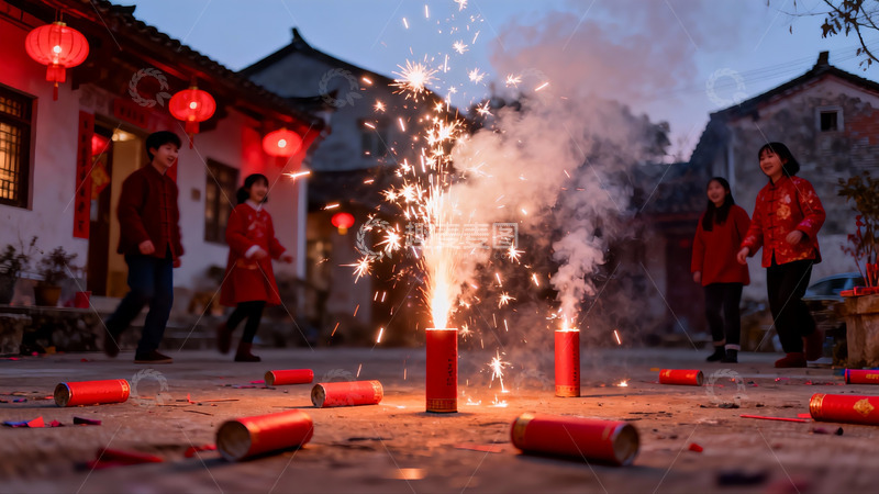 高清大图下载【趣麦麦图】除夕夜庭院燃放烟花庆祝场景