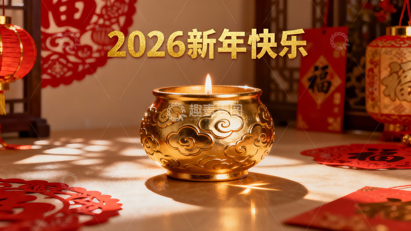 高清大图下载【趣麦麦图】新年金色烛台与红色装饰
