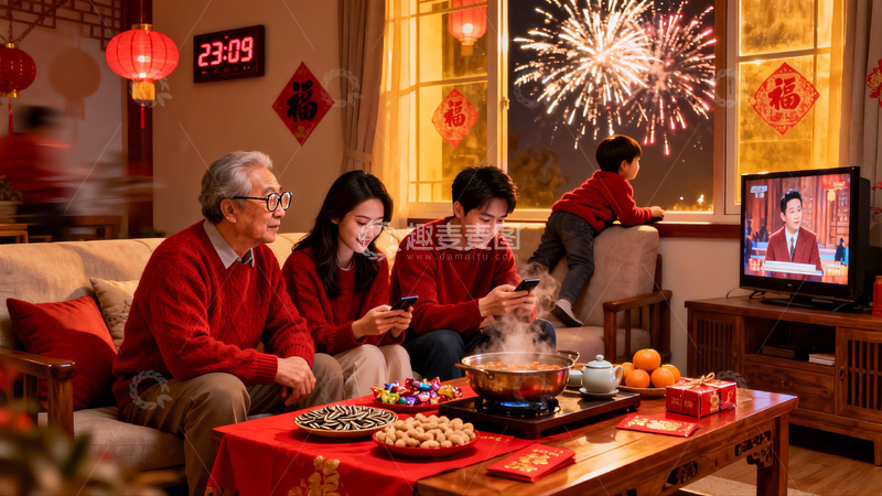 高清大图下载【趣麦麦图】除夕夜家人团聚看烟花