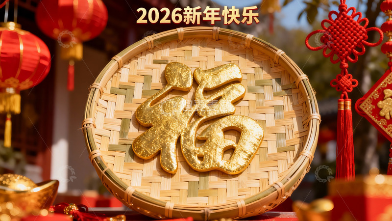 高清大图下载【趣麦麦图】新年福字竹篮装饰迎新春