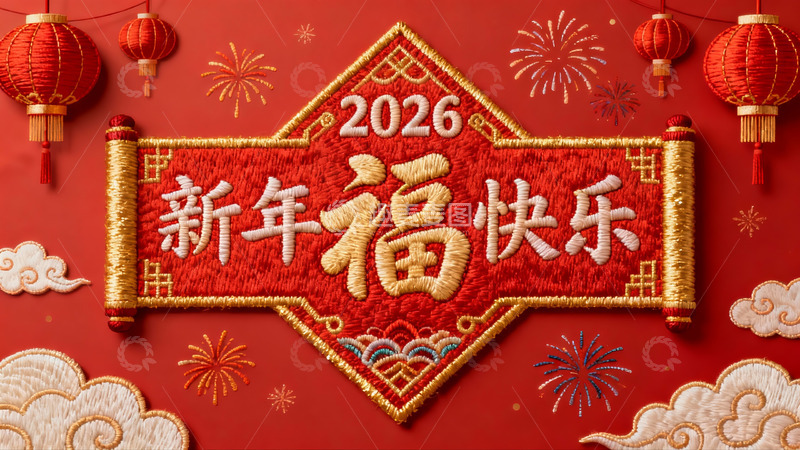高清大图下载【趣麦麦图】新年福快乐刺绣图案红灯笼