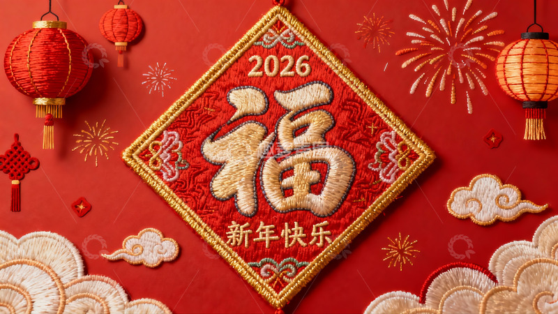 高清大图下载【趣麦麦图】新年福字刺绣挂饰与灯笼烟花