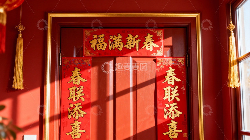 高清大图下载【趣麦麦图】红色门上的春节对联装饰