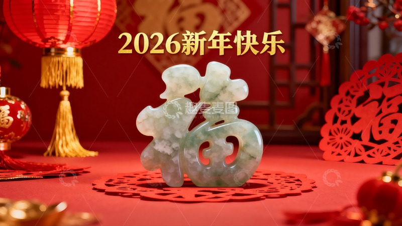 高清大图下载【趣麦麦图】新年翡翠福字摆件与红色装饰