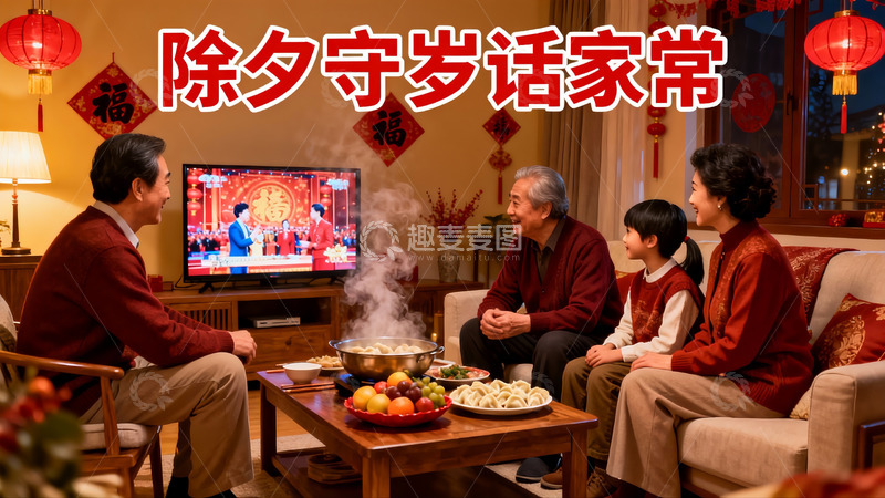 高清大图下载【趣麦麦图】除夕夜家人围坐看电视吃饺子