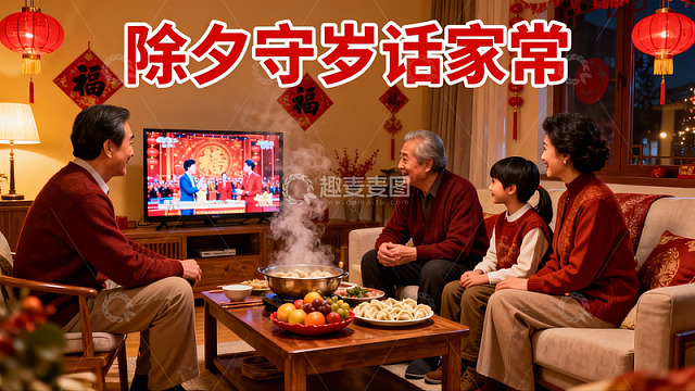 除夕夜家人围坐看电视吃饺子