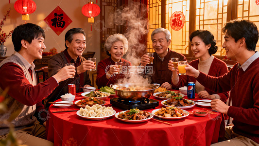 家人围坐火锅宴欢聚一堂