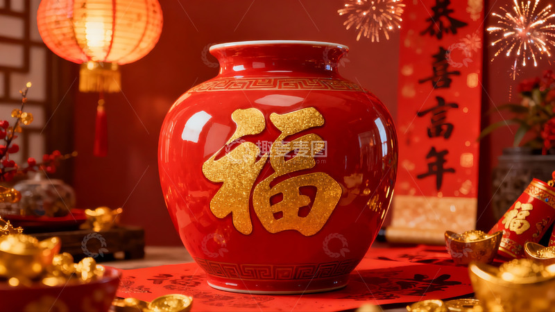 高清大图下载【趣麦麦图】春节红色福字瓷罐装饰场景
