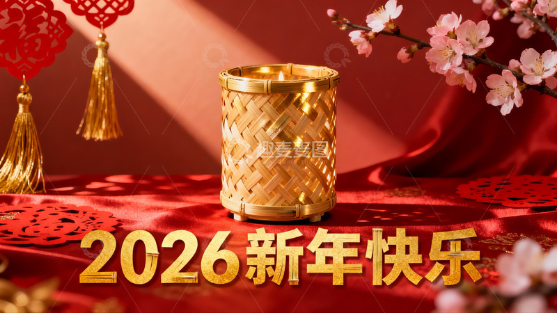 高清大图下载【趣麦麦图】新年装饰竹编烛台与花卉