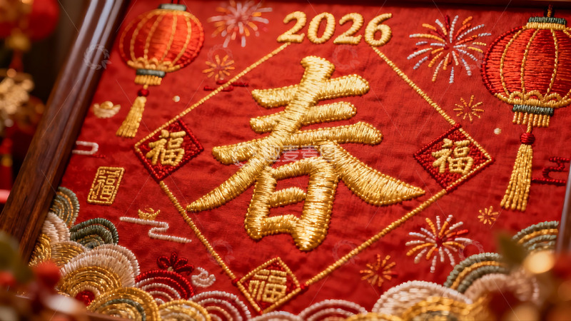 高清大图下载【趣麦麦图】红色刺绣春字挂饰新年装饰