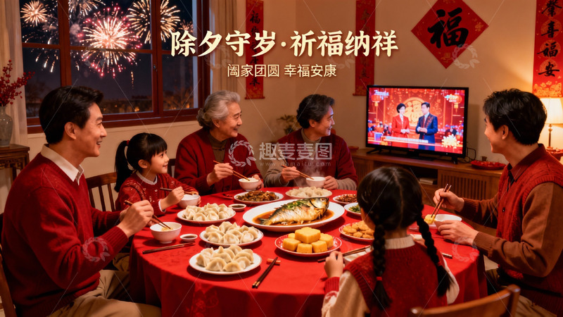 高清大图下载【趣麦麦图】除夕夜家人围坐共进年夜饭