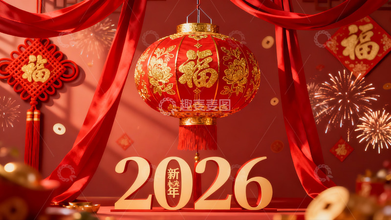 高清大图下载【趣麦麦图】2026新年红色灯笼装饰场景