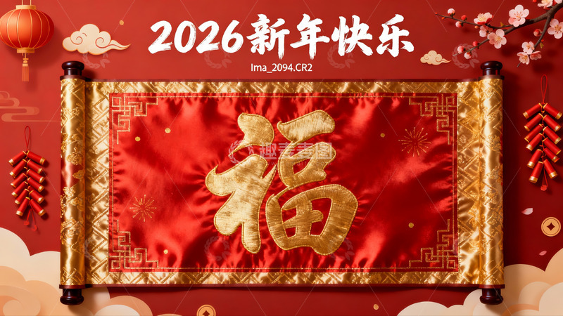 高清大图下载【趣麦麦图】新年红色福字卷轴装饰