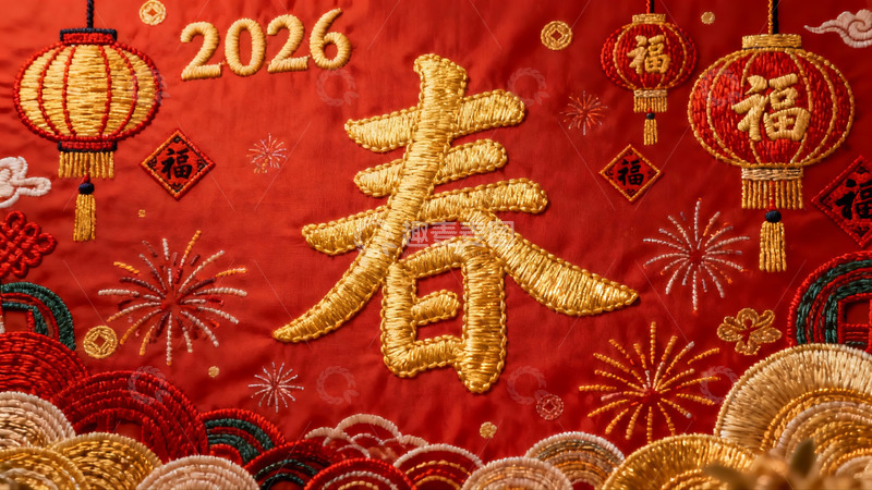 高清大图下载【趣麦麦图】红色刺绣春字灯笼烟花图案