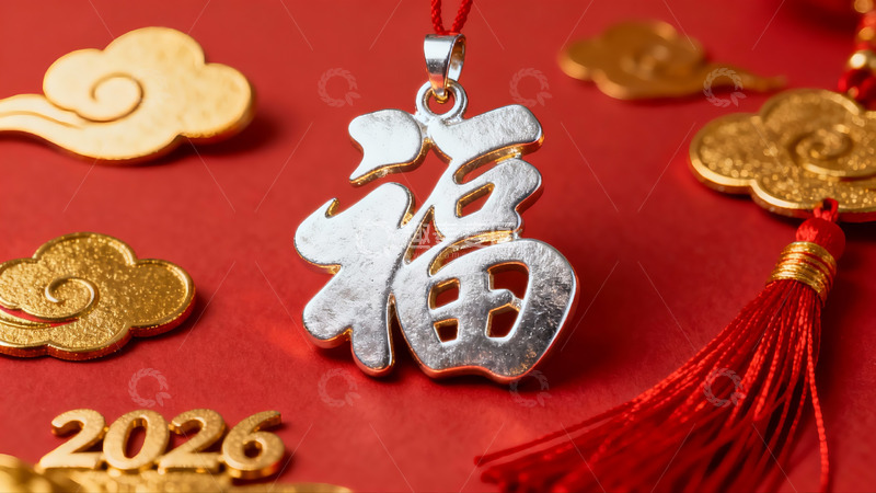 高清大图下载【趣麦麦图】红色背景福字吊坠与金色装饰