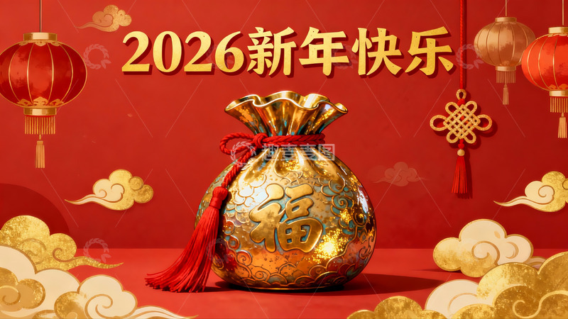 高清大图下载【趣麦麦图】新年快乐金袋红灯笼