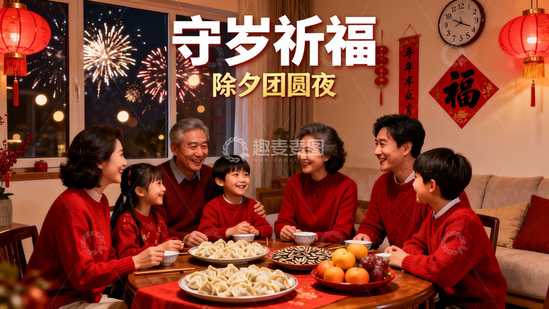 高清大图下载【趣麦麦图】除夕团圆夜家人围坐吃饺子