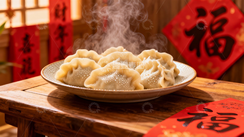 高清大图下载【趣麦麦图】热气腾腾的饺子配春联