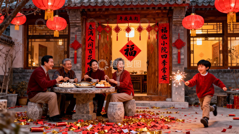 高清大图下载【趣麦麦图】春节家庭团聚庭院欢庆