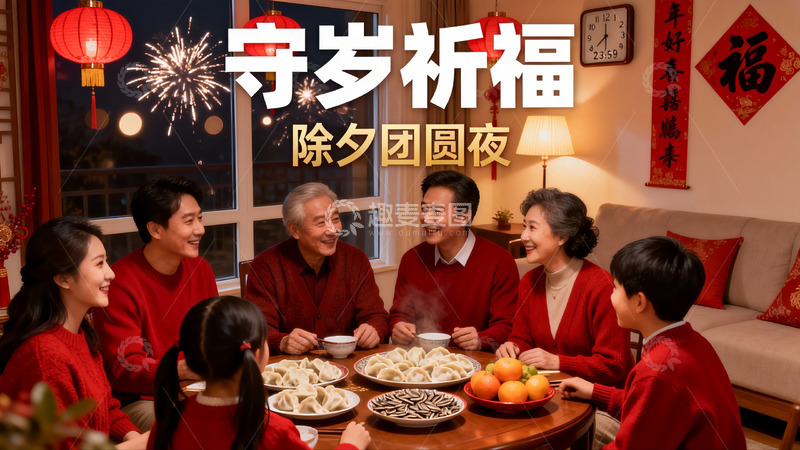 高清大图下载【趣麦麦图】除夕夜家人团聚吃饺子