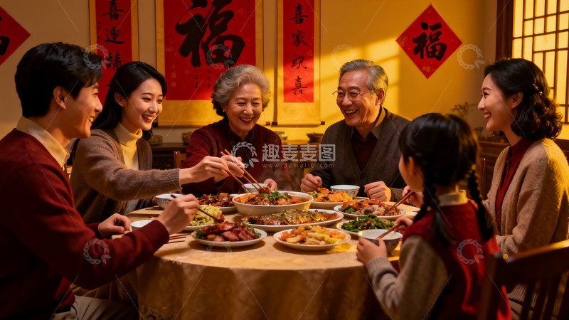 高清大图下载【趣麦麦图】三代同堂家庭聚餐温馨场景