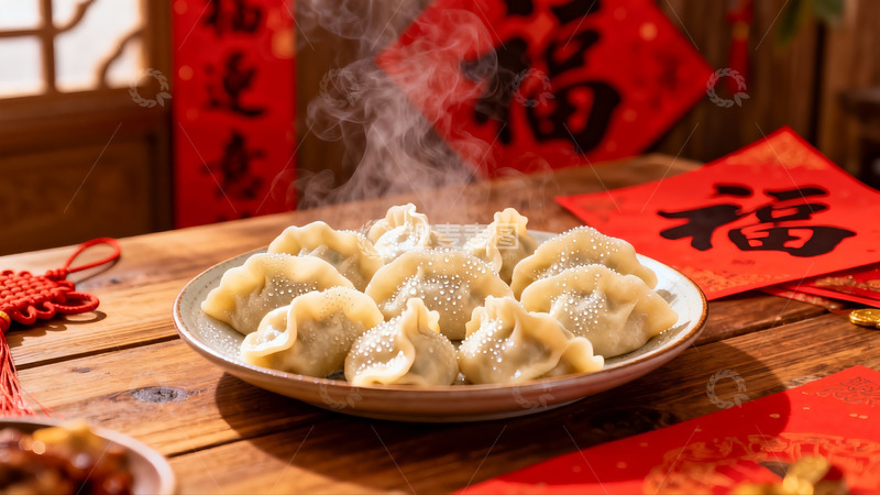 高清大图下载【趣麦麦图】热气腾腾的饺子配新年装饰