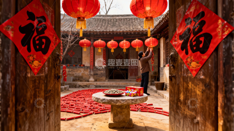 高清大图下载【趣麦麦图】古院挂红灯迎新春