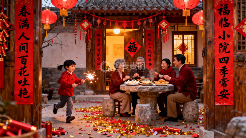 高清大图下载【趣麦麦图】春节庭院团圆饭欢庆场景