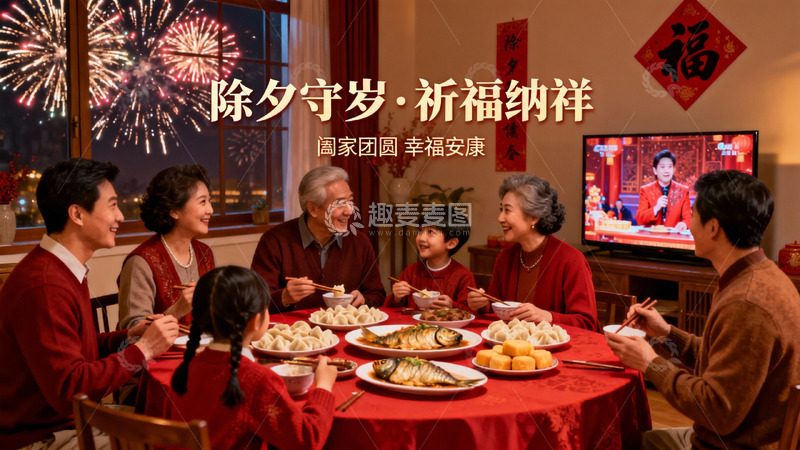 高清大图下载【趣麦麦图】除夕夜家人围坐吃年夜饭
