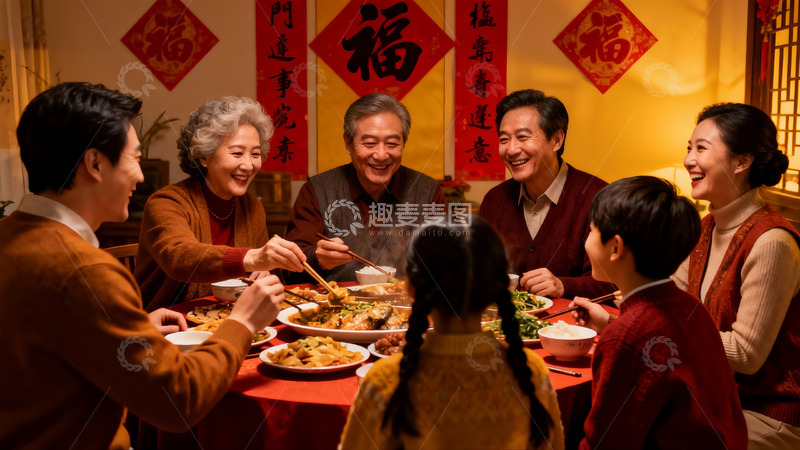 高清大图下载【趣麦麦图】三代同堂家庭聚餐温馨场景