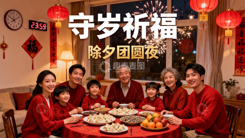 高清大图下载【趣麦麦图】除夕团圆夜家人围坐享年夜饭
