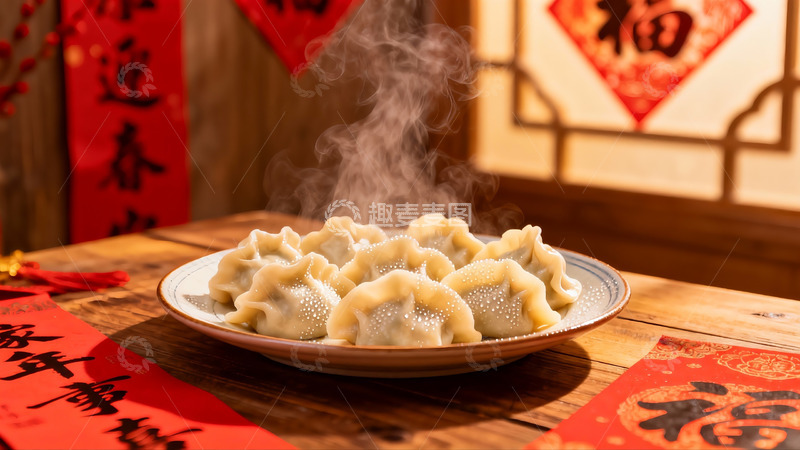 高清大图下载【趣麦麦图】热气腾腾的饺子配春联