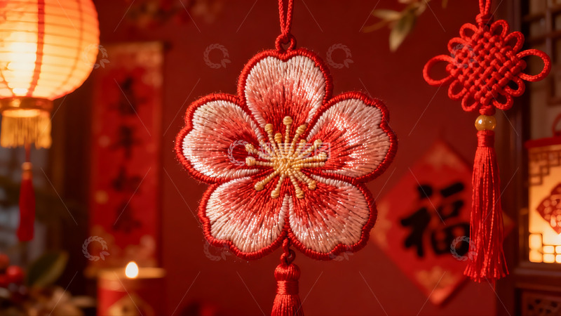 高清大图下载【趣麦麦图】红色灯笼下的中国结与刺绣挂饰