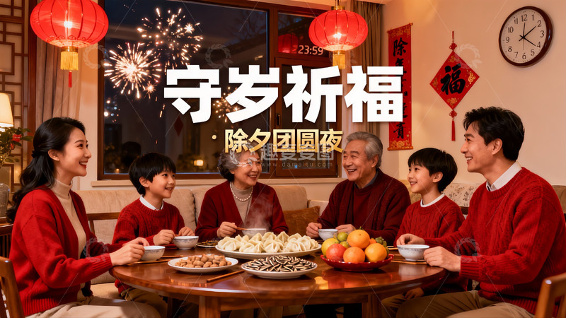 高清大图下载【趣麦麦图】除夕夜家人团聚吃年夜饭