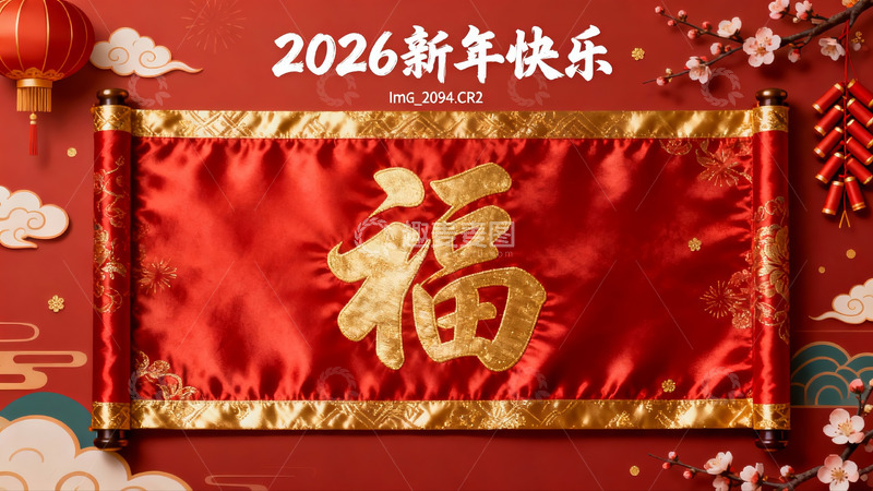 高清大图下载【趣麦麦图】新年红色卷轴福字装饰图