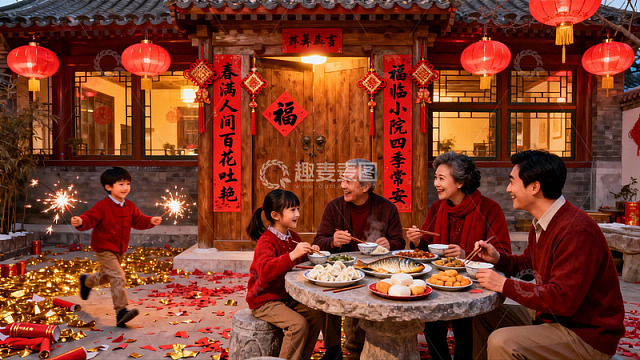 春节家庭团聚庭院欢庆