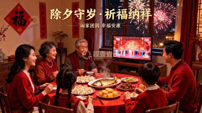 高清大图下载【趣麦麦图】除夕团圆夜家人围坐享年夜饭