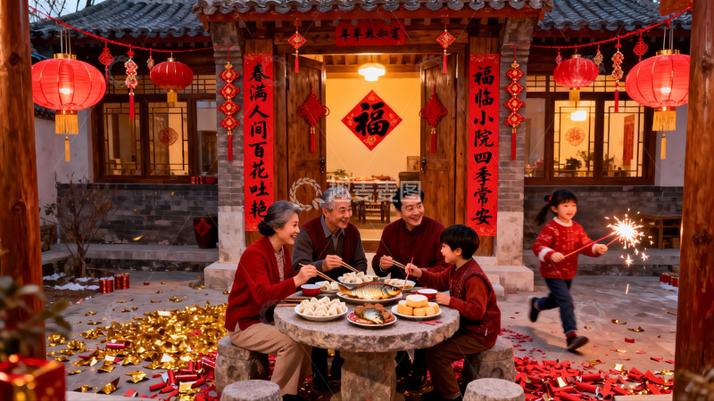 高清大图下载【趣麦麦图】传统庭院春节家庭聚餐欢庆