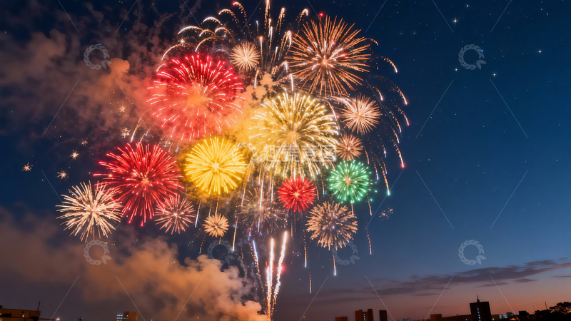 高清大图下载【趣麦麦图】夜空中绚丽多彩的烟花绽放