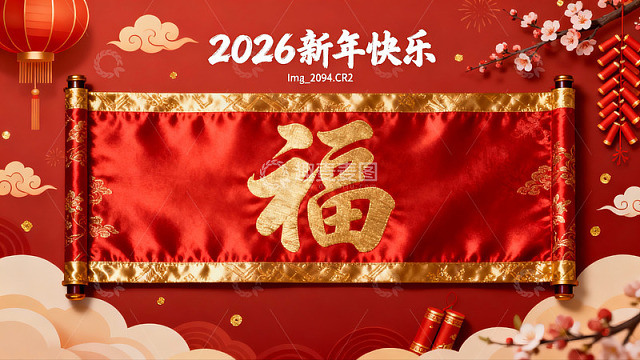 2026新年红色福字卷轴海报