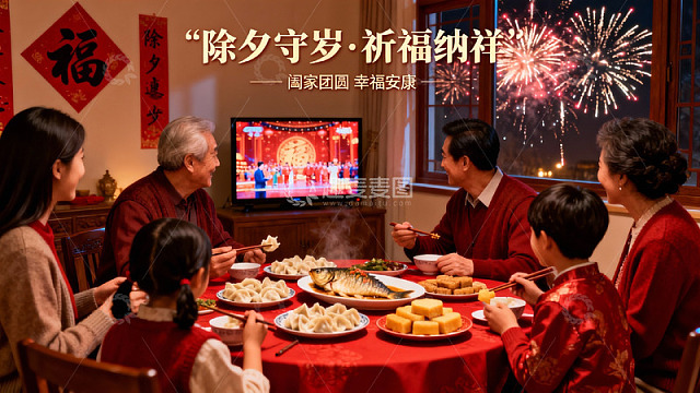 除夕夜家人围坐吃团圆饭
